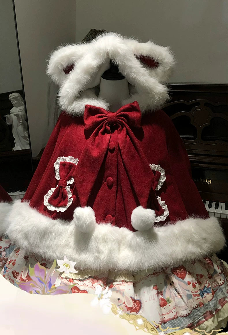 Sweet Lolita Cape, Bunny Ear Hood & Bows Thickened Red Cape One Size