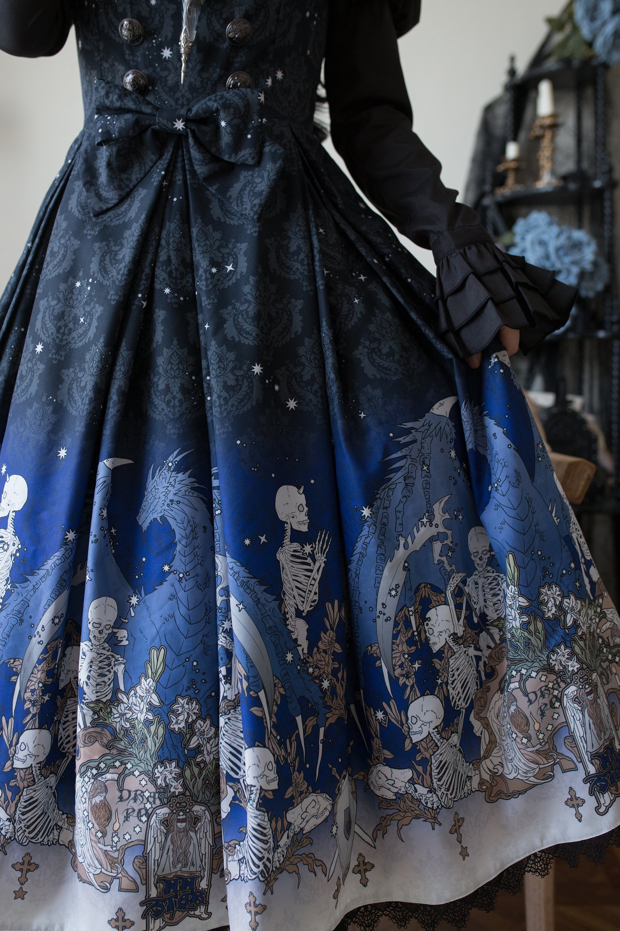 Nn Star - Dragonbone Lily - Dragon Skeleton Print Gothic Lolita Bust-supporting JSK and BNT 42664:748575