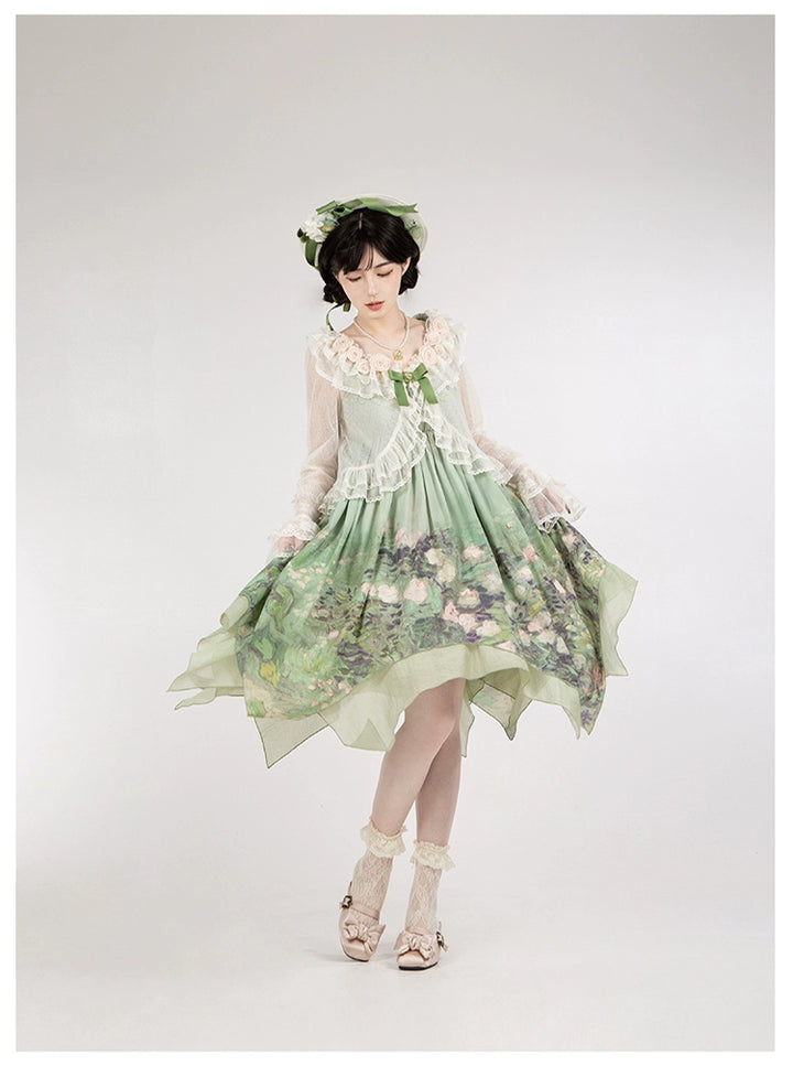 With PUJI~Blooming Rose~Chiffon Classic Lolita Dress Set Painting Styled OP & JSK 42925:758705