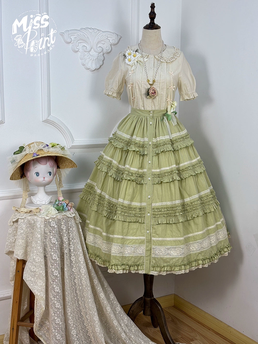 Miss Point~Cat Rose Tea~Elegant Lolita SK Pure Cotton Open-front Skirt 42142:728304