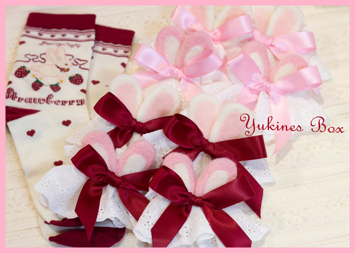 Yukines Box~Kawaii Lolita Rabbit Ear Cuffs and Ankle Lace a pair of cuffs pink rabbit ears with pink bow 