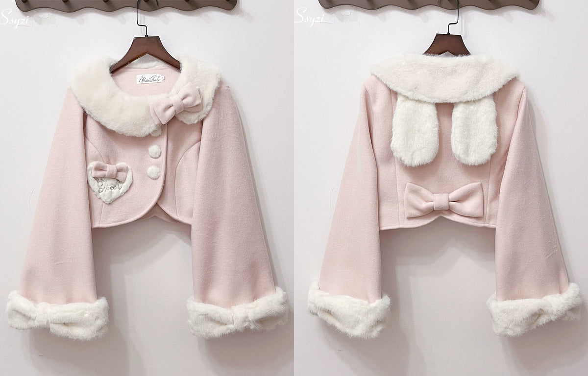 Rabbit Heart Knot - Sweet Lolita Winter Short Coat, Detachable Bunny-Ear Collar 45891:866909