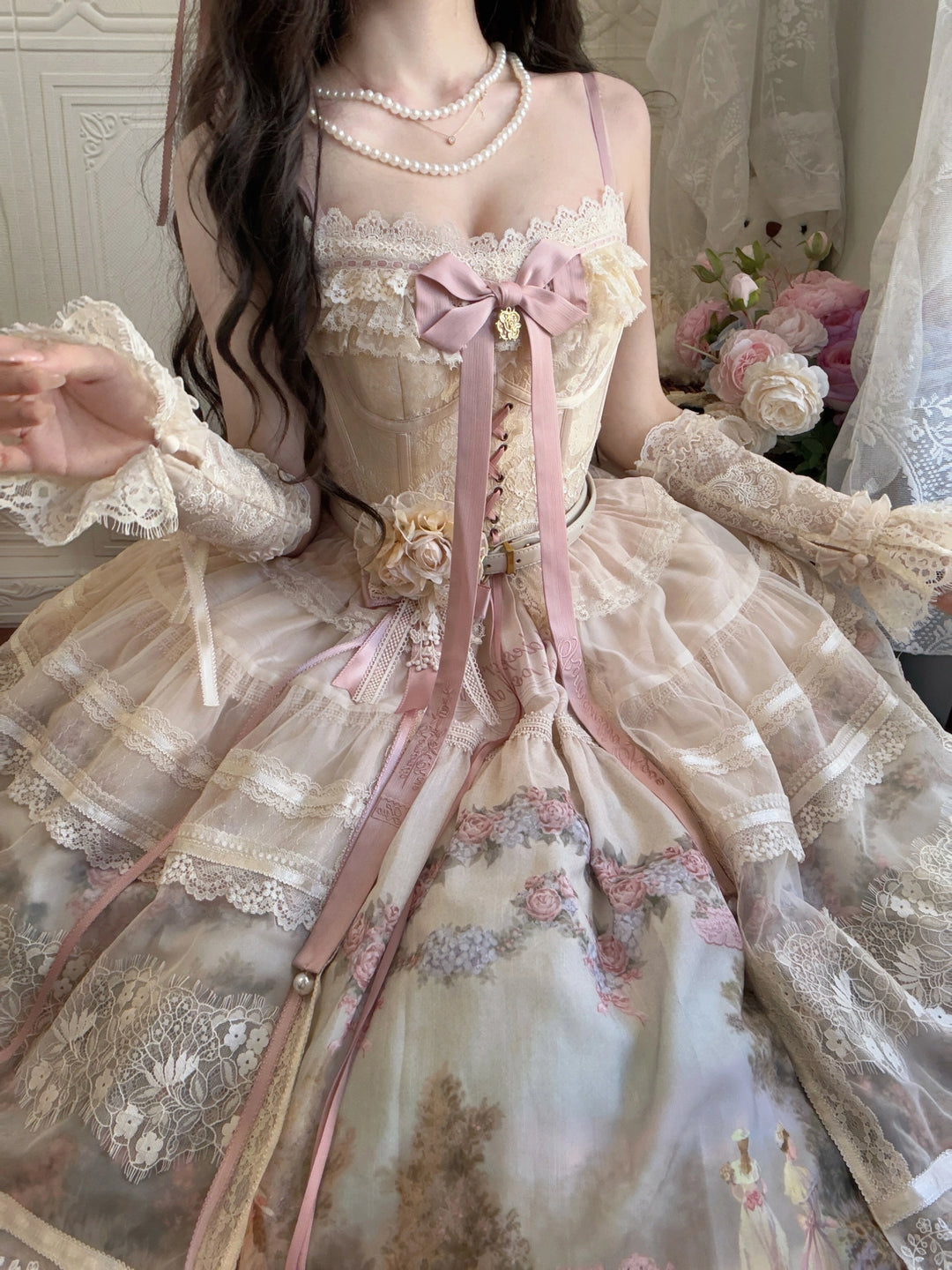 ZUOlanrichen~Romantic Rose~Classic Lolita Shirt with Puffy Sleeves Sheer Skirt Overlay