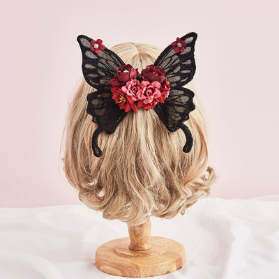Handmade Sugar Time~Gothic Lolita Black Lace Wing Hairclips   
