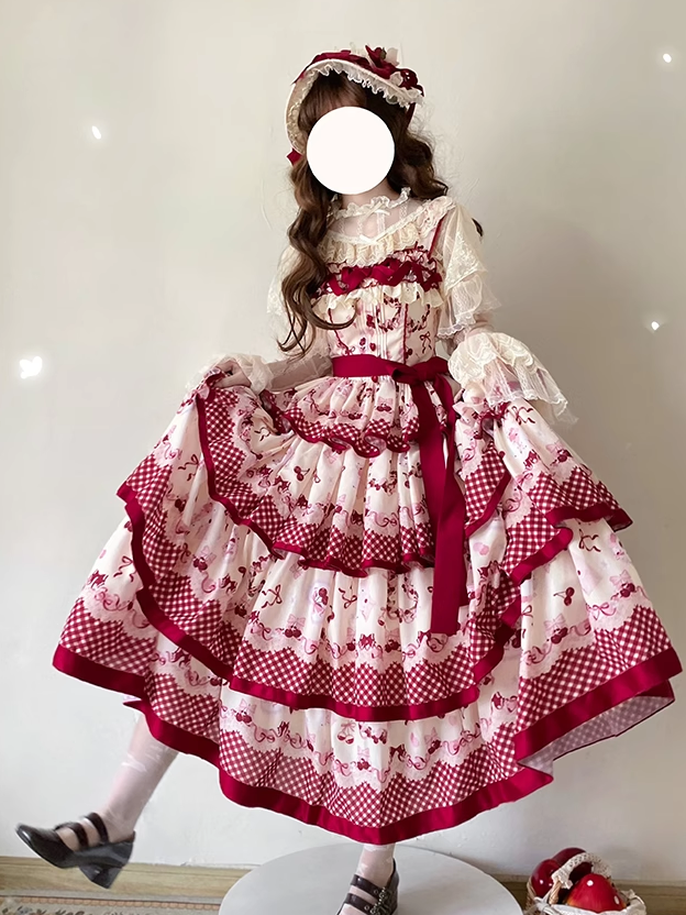 Honey Machine~Ripe Cherry~Country Lolita JSK Dress With Tiered Skirt and Cherry Print