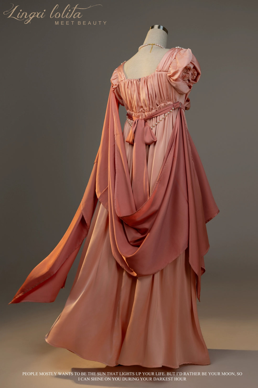 Lingxi Lolita~Ophelia~Vintage Lolita OP Dress Empire Waist Satin Dress One size fits all Coral pink shawl (detachable) 