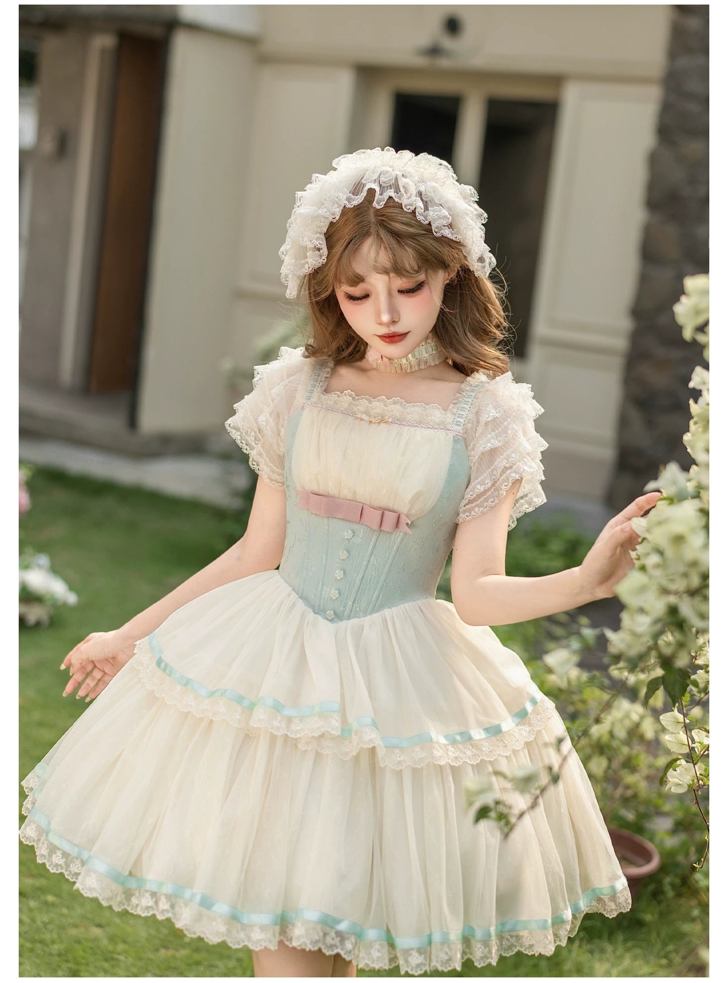 Sea Salt Soda - Classic Lolita Adjustable Corset JSK Dress, Tiered Tulle Hem 45257:856400