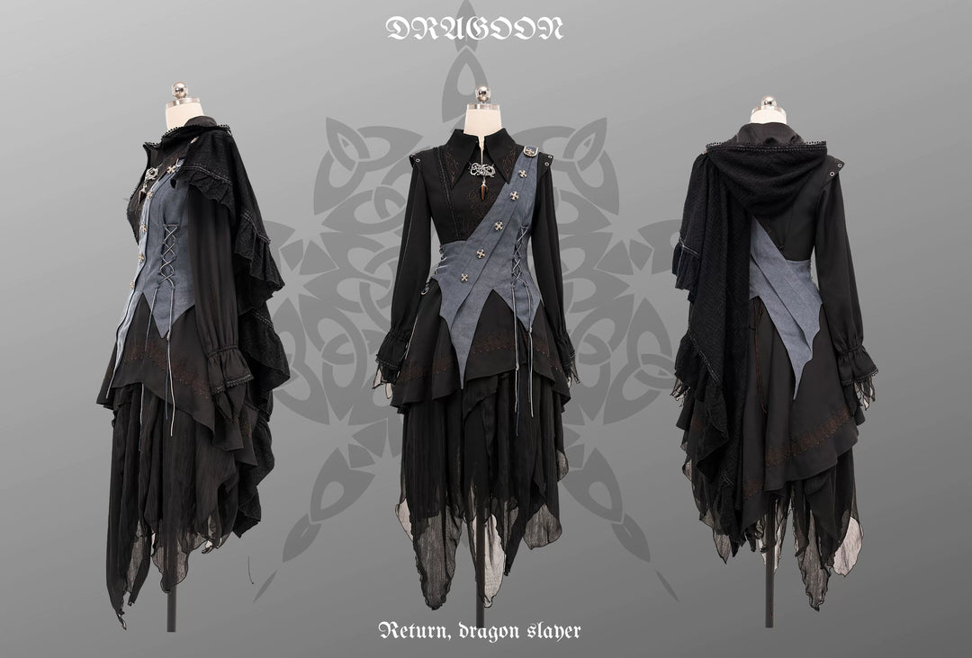 Wuyuzhe~Dragon Knight 2.0 Version~Western Fantasy Style Suit Gothic Shirt Vest Skirt free size black cape(with hood) only 