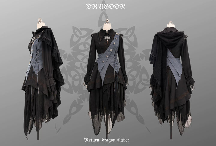 Wuyuzhe~Dragon Knight 2.0 Version~Western Fantasy Style Suit Gothic Shirt Vest Skirt free size black cape(with hood) only 