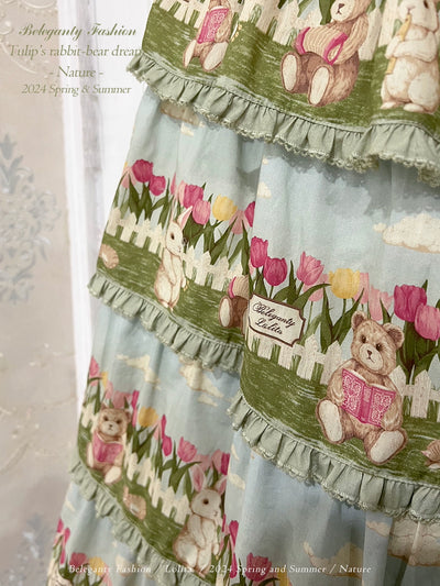 Beleganty~Tulip's Rabbit-Bear Dream~Sweet Lolita SK Suit Lolita Flutter Sleeve Top   