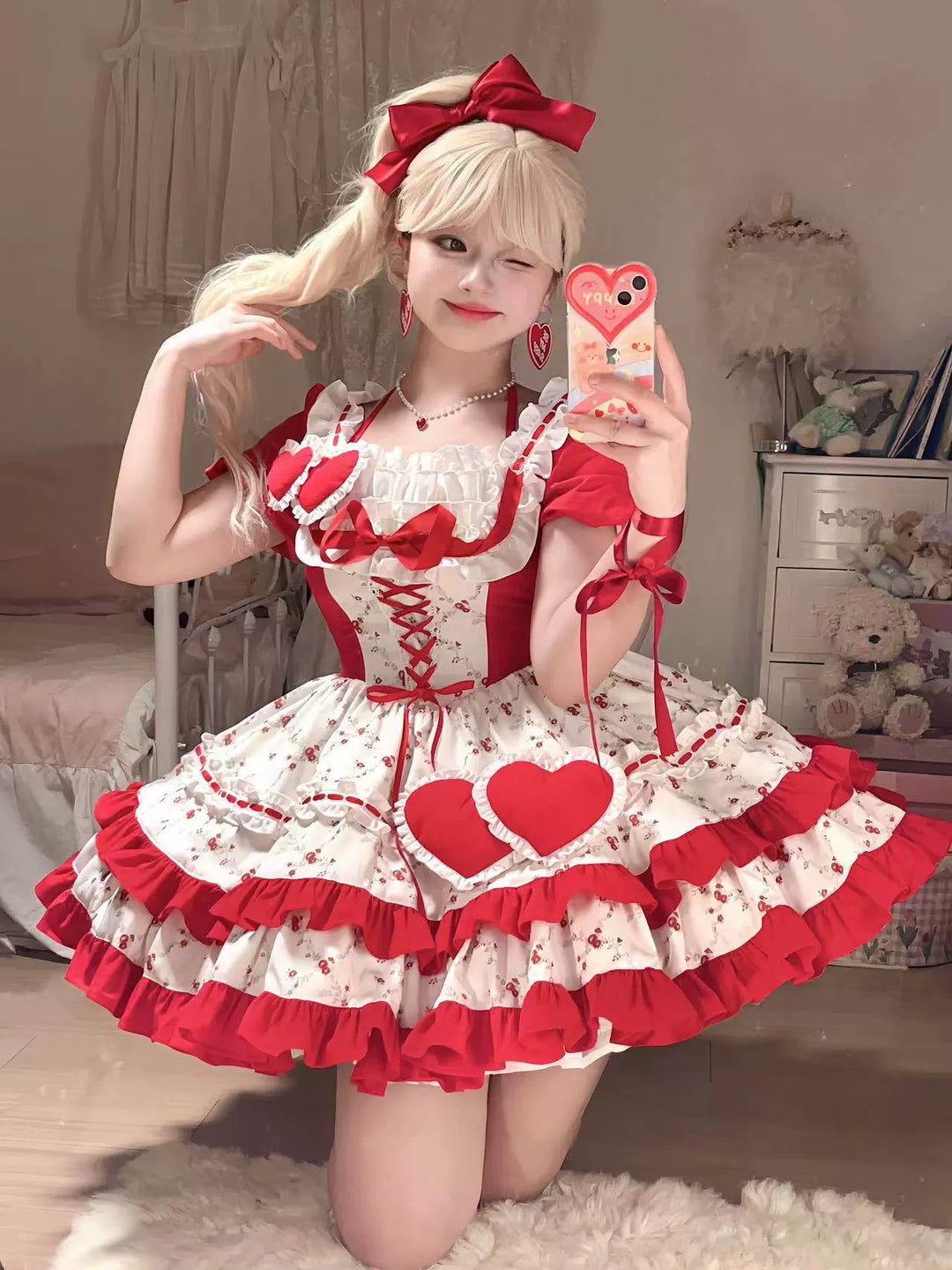 Platycodon House~Sweet Diary~Sweet Lolita OP Dress Red White Floral Print S dress (with a heart-shaped necklace ) 