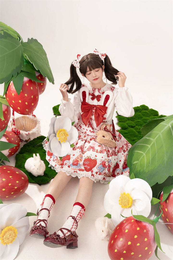 To Alice~Spring Strawberry Bunny~Kawaii Lolita Salopette Dress Hooded Coat and Blouse