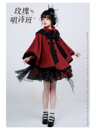 Urtto~Lolita Woolen Coat Autumn Winter Elegant Red and Cream Cloak   