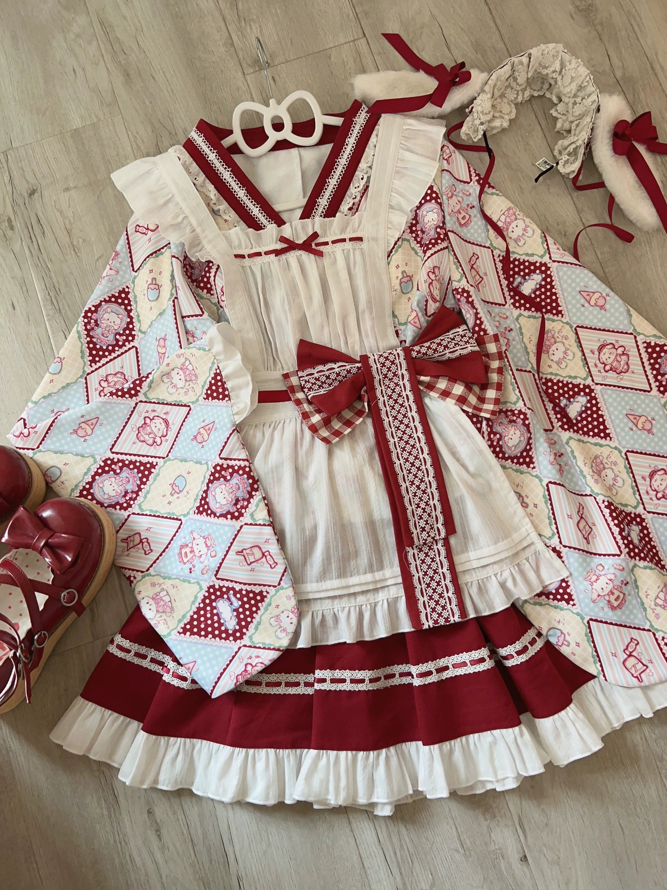 Sugar Girl - Showa Sweetness - Maid Wa Lolita Skirt Set Cute Summer Lolita Bow Apron S Red four-piece set