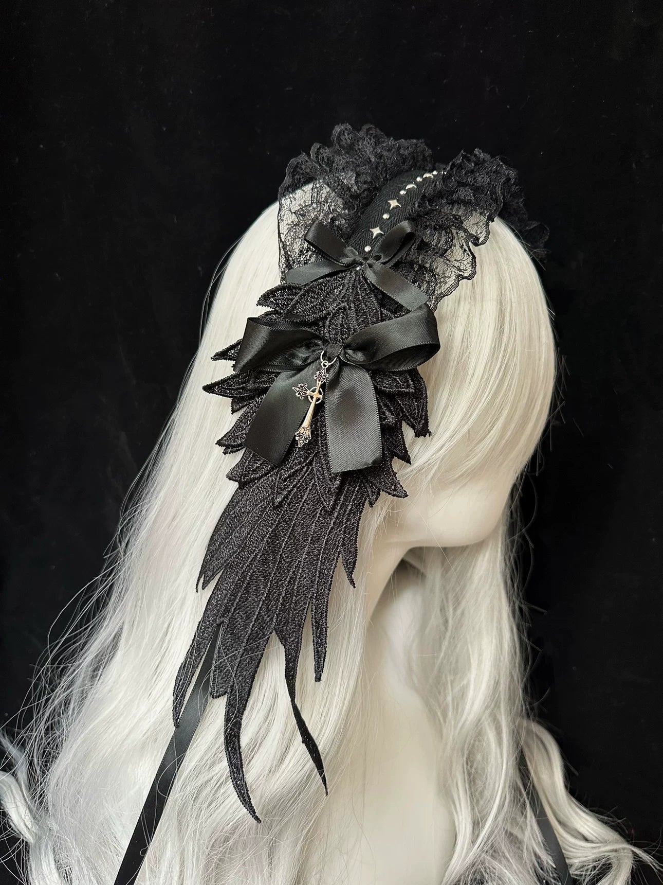 Lace Gothic Lolita Hairband, Feather Decoration Black feather headband - Star Decor