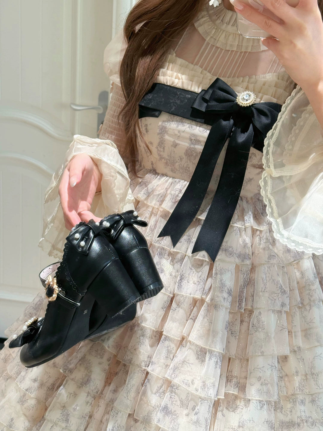 Pure Tea For Dream~Vintage Gemstone~Sweet Lolita Shoes Round Toe Heels with Bow 41836:715390