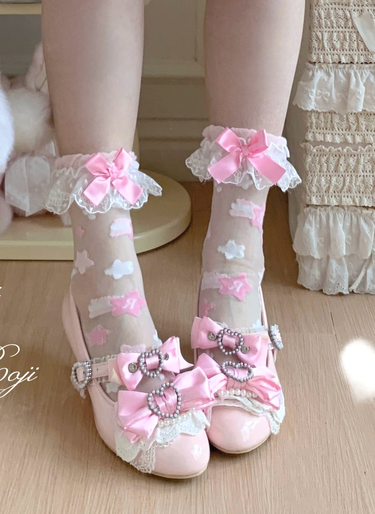 Sweet Lolita Star Embroidered Socks with Colorful Satin Bow 45610:855334