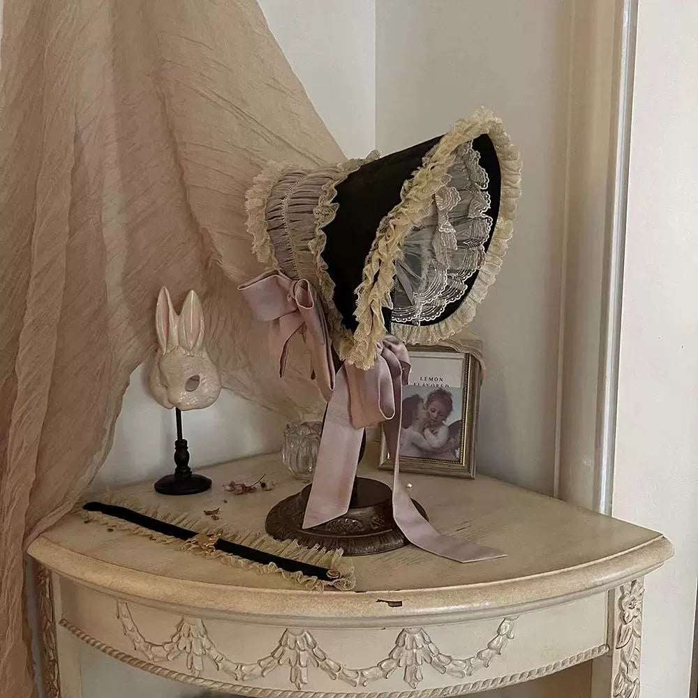 JS Lolita~Paris Holiday~Elegant Lolita Bonnet Choker Lolita Accessories(Not Sold Individually) Black Bonnet Free size 