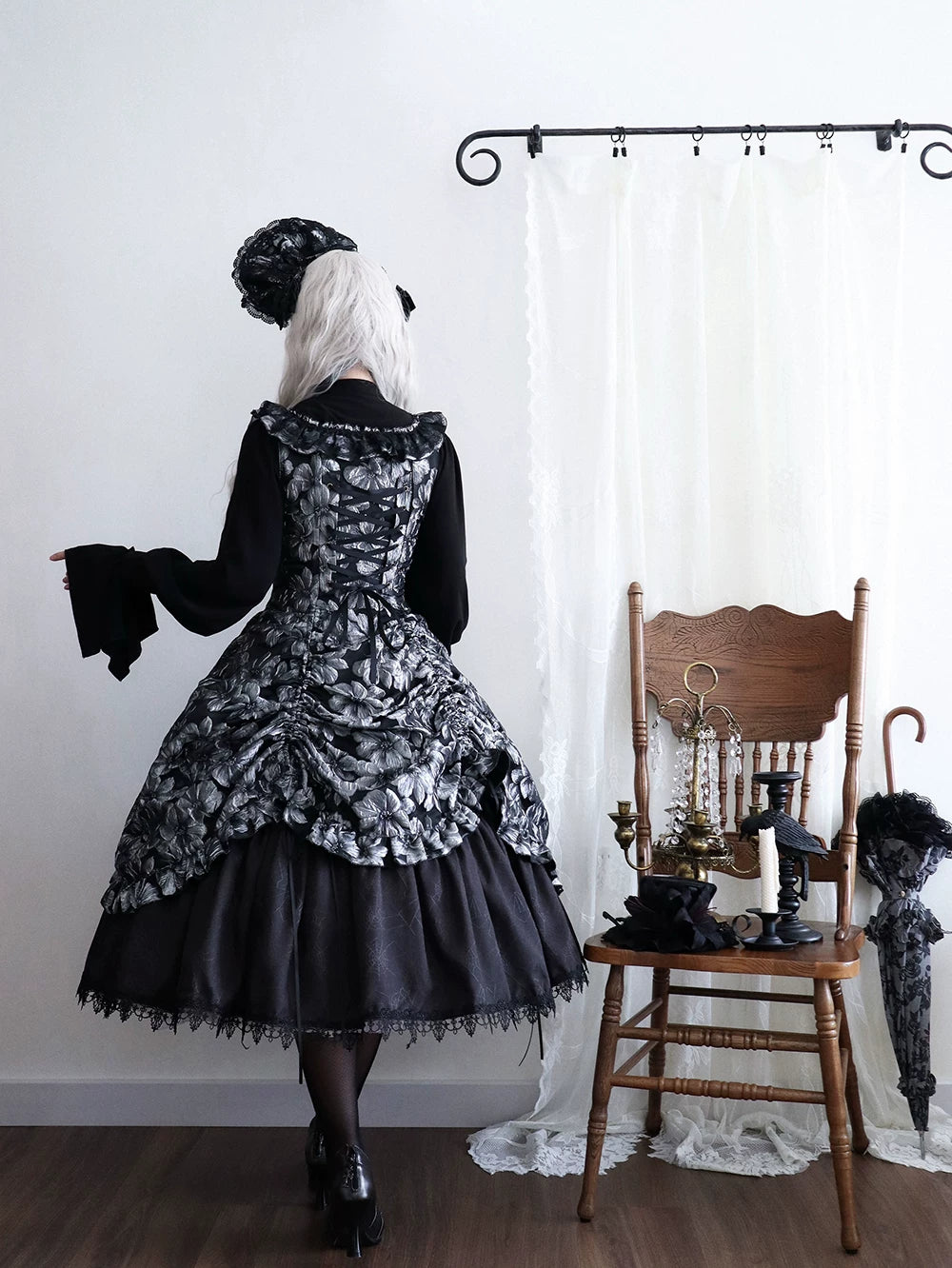 Midnight Lily - Gothic Lolita Lily Jacquard JSK Dress, Drawstring Lift-up Hem 45765:861811