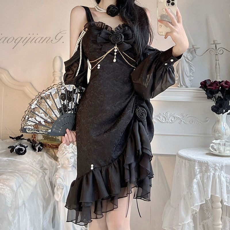 Melonshow - Chinese Style Lolita Dress - Camellia 2.0 Cheongsam Mermaid JSK jsk only S black