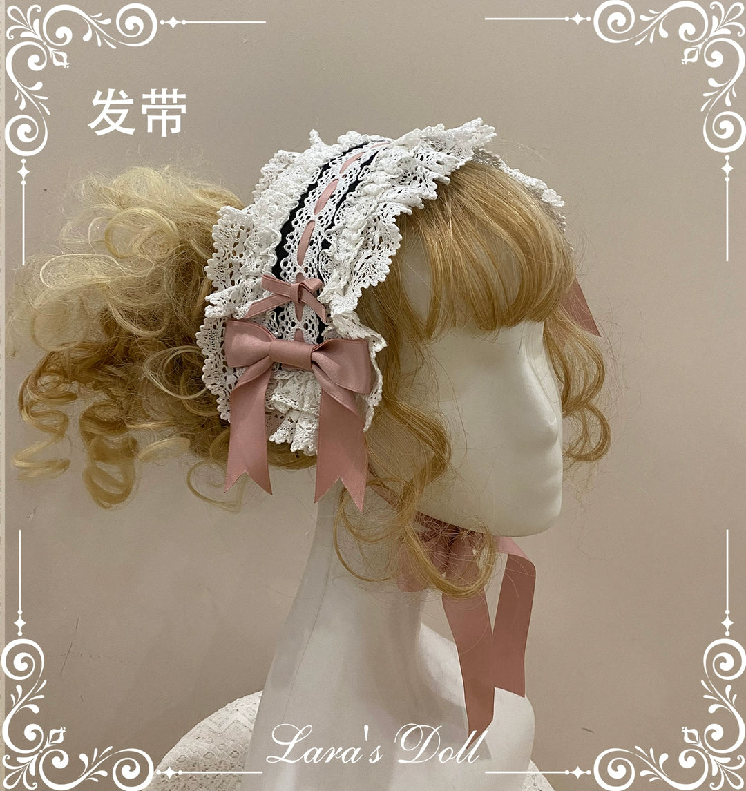 (BFM)Little Bear~Laura's Doll~Sweet Lolita Bloomer Bonnet Headband Hair Clip Black and Pink Headband Free size 