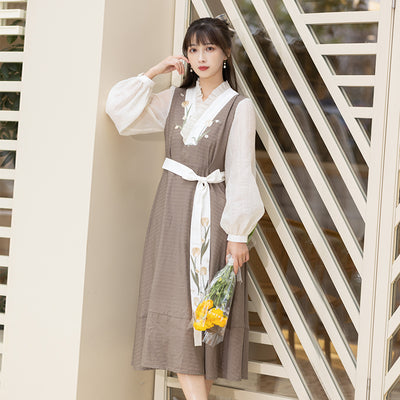 Chixia~ Han Lolita White-brown V-neck Dress S white-brown dress 