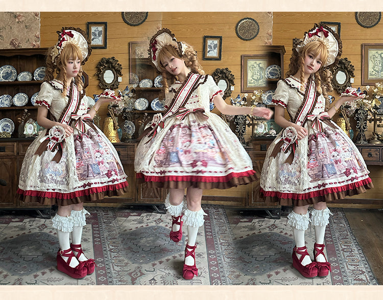 Spireme Cat~Puppy Cafe~Sweet Lolita OP Dress with Lace Skirt Overlay and Accessory 42408:739265