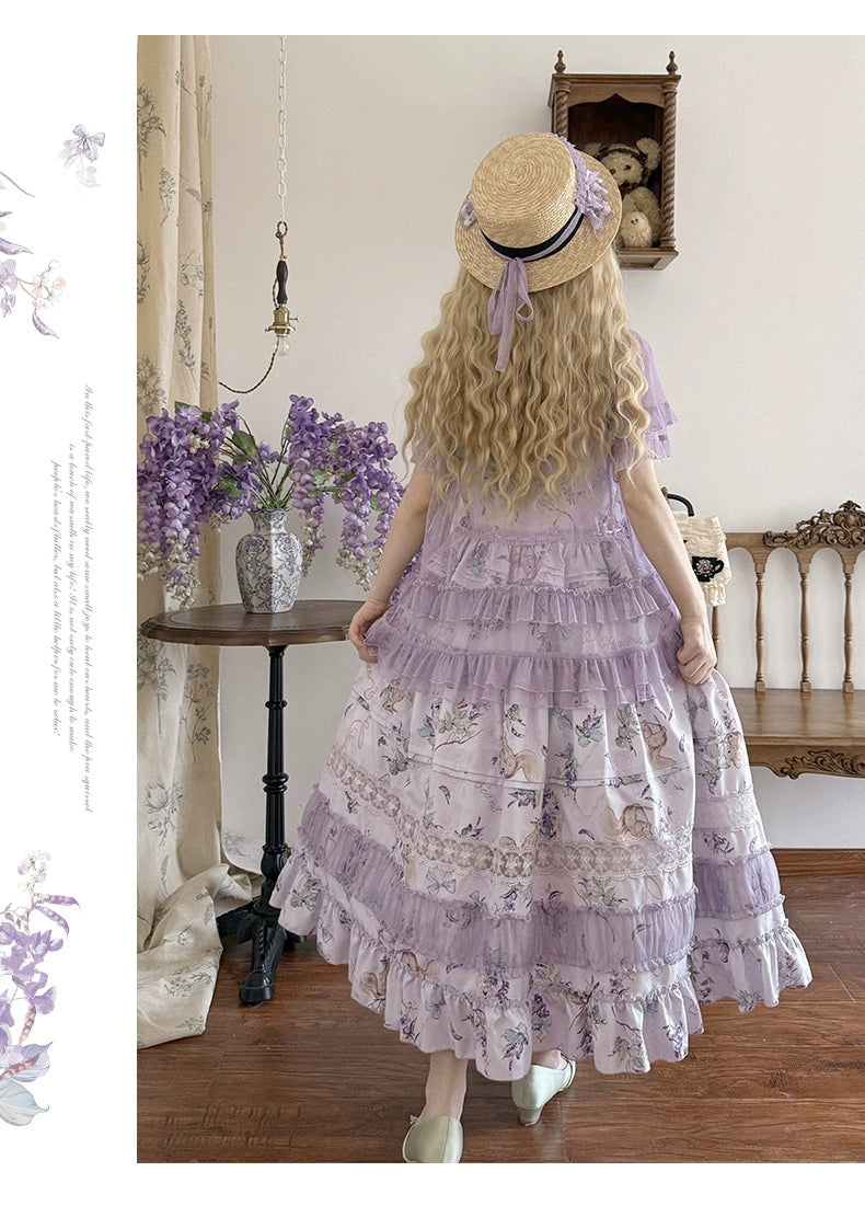 Urtto~Pea Squirrel~Country Lolita Purple JSK Dress with Tulle Cardigan