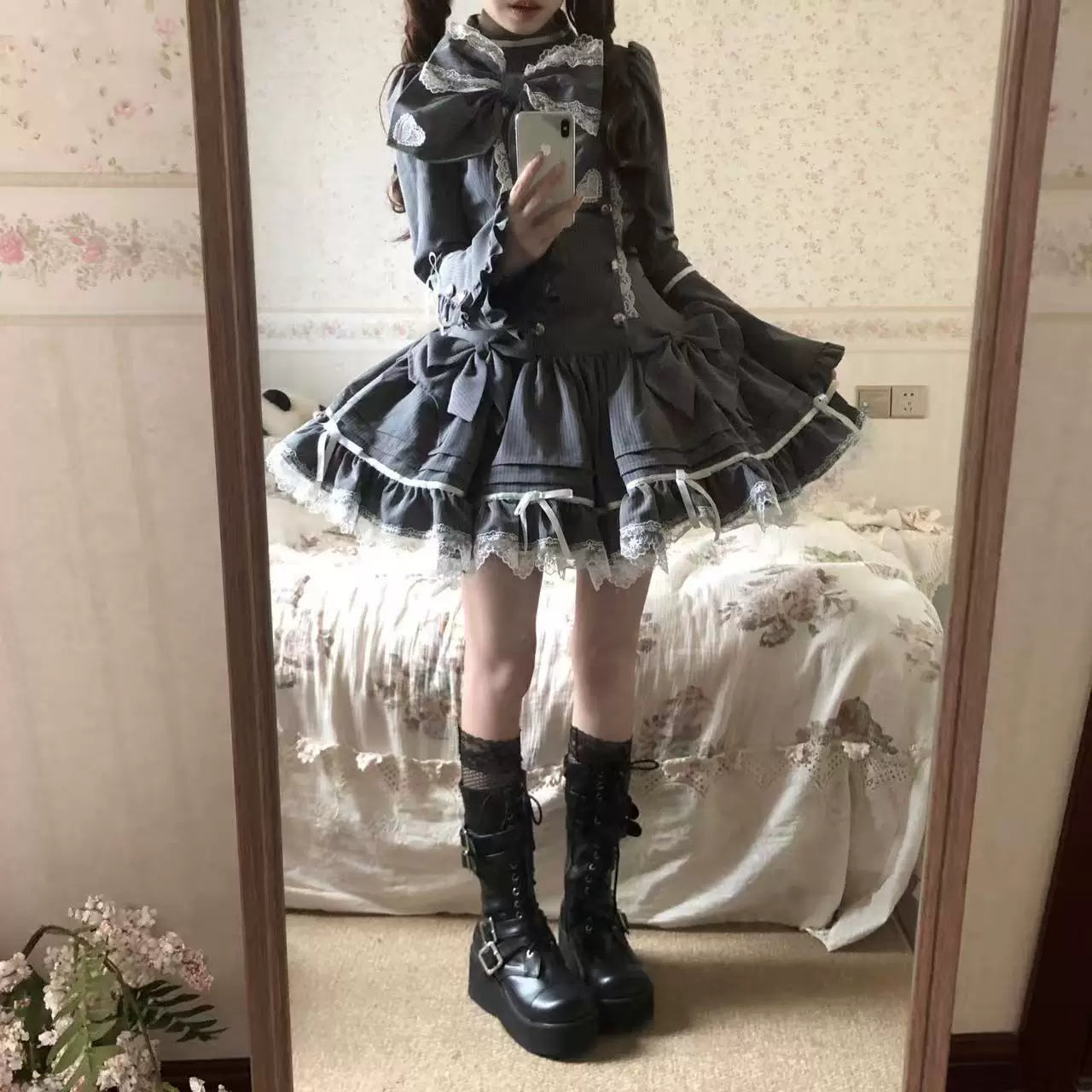 Phantom Kitty - Old School Lolita Low Waist OP Dress, Lace & Bow 45119:836222