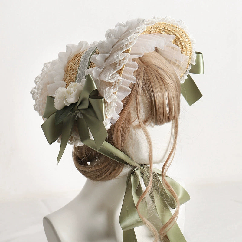The Accessories' Story - Country Lolita Straw BNT, Ruffled Lace, Artificial Flower No Head Circumference Limitation / One Size Grass Green