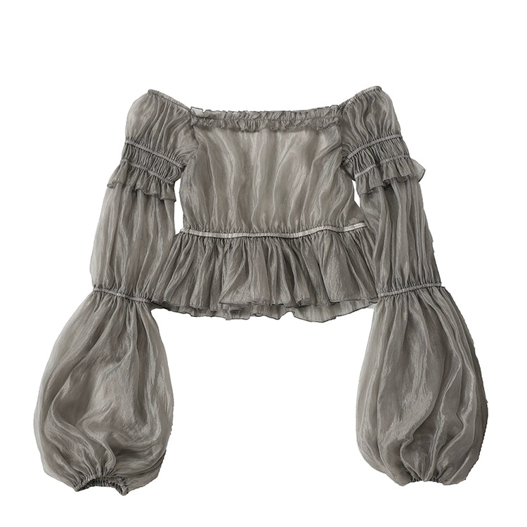 Balladeer~Classic Lolita Shirt Puff Sleeves Open Shoulder Blouse S Grey (L M S XL / Grey) 36010:511666