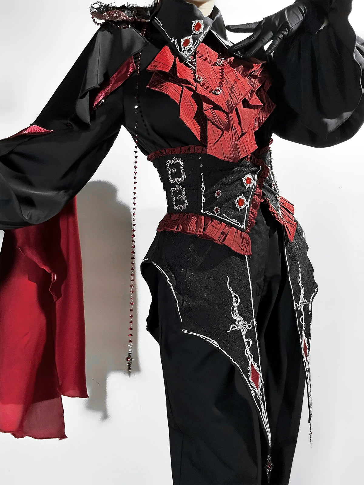 Crimson Vow - Red Black Ouji Lolita Blouse & Pants Set, Vine Embroidery 45953:869265