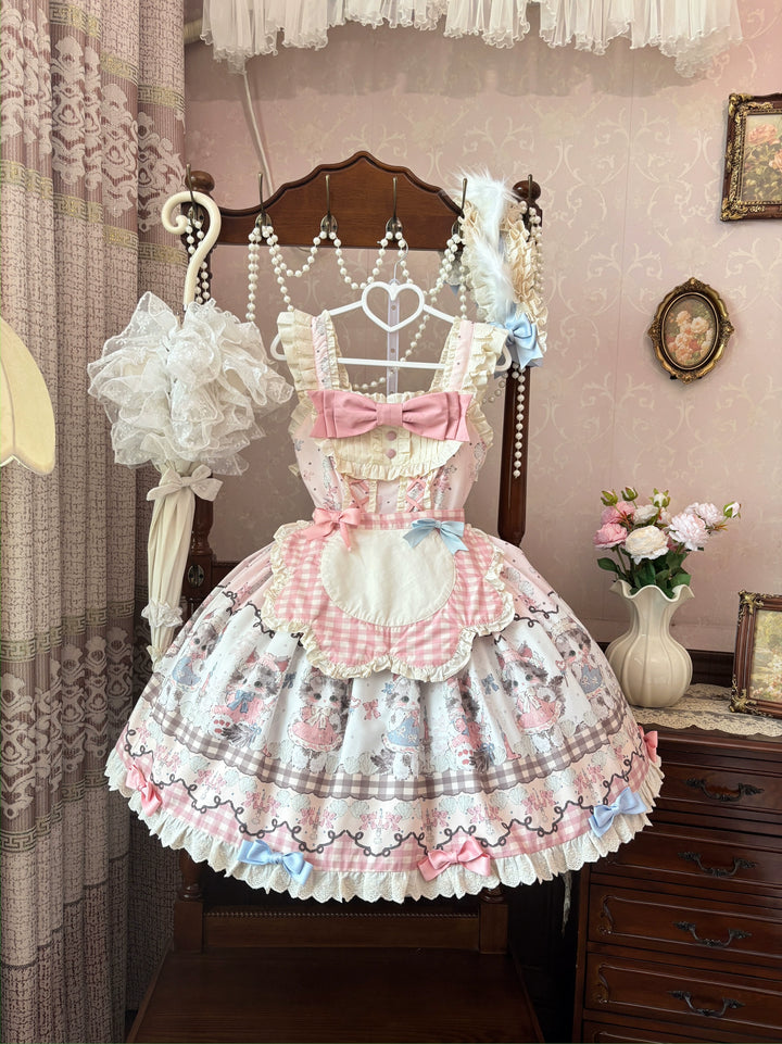 Shattered Lace Dream - Shattered Cat - Cat Printed Kawaii Lolita JSK Dress, Embroidered Sash Pink JSK+Apron+Waist Tie S