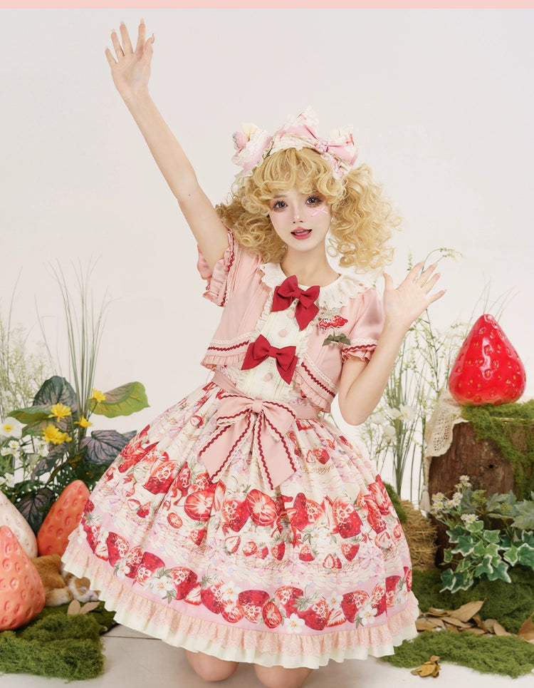 Strawberry Fantasia~Sweet Lolita OP Dress Set Puffy Skirt Long JSK and Shirt Strawberry Faux Two-piece OP Only S