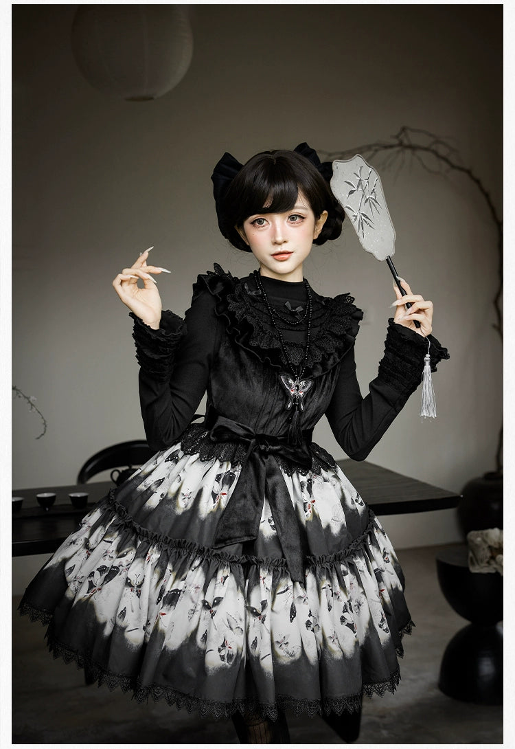 With PUJI - Dead Leaf Butterfly - Gothic Lolita JSK & OP Dress Set, Butterfly Print 44346:805405