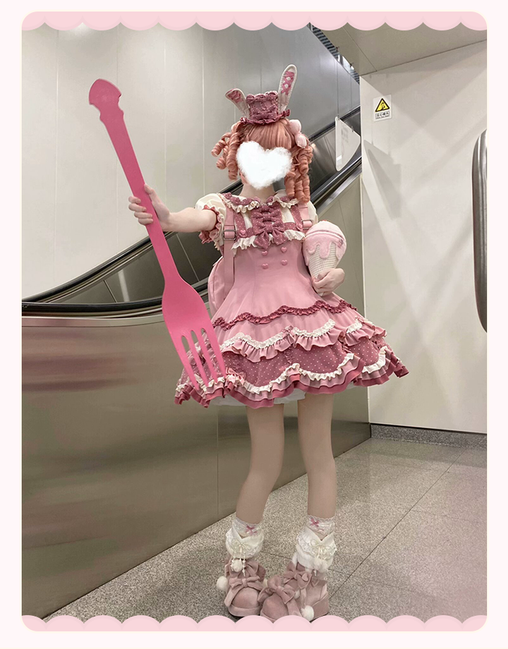 Sakurahime~Bunny Breeze~Pink Sweet Lolita OP Dress with Cute Hat and Bunny Ears