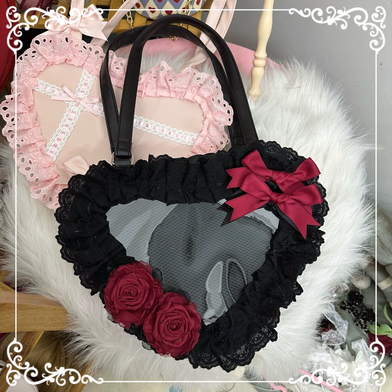 Chestnut Lolita - Sweet Lolita Bag Heart-shaped Lace Bag Multicolors black and red bag