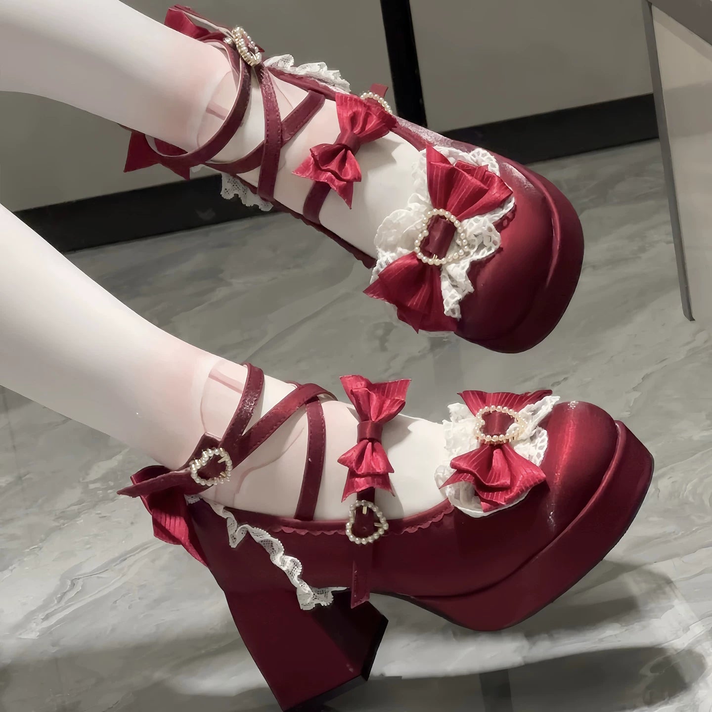Romance of Hearts - Sweet Lolita Chunky Heeled Shoes, Pearl Heart Accents (Burgundy / 34 35 36 37 38 39 40 41) 45692:859295