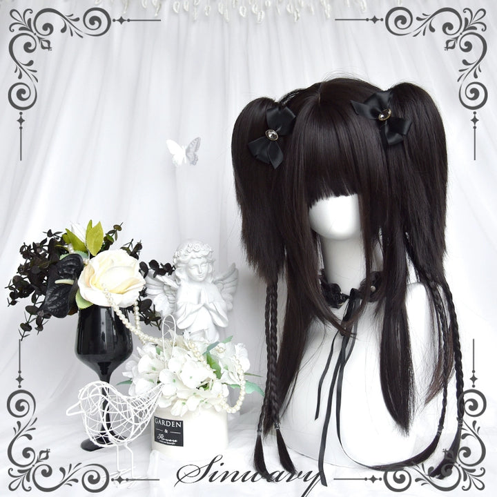 Sinwavy - Gothic Lolita Wig Black Natural Hair With Ponytails & Braids Natural Black - Full Set(Wig+Ponytails+Hairnet+Tail Comb)