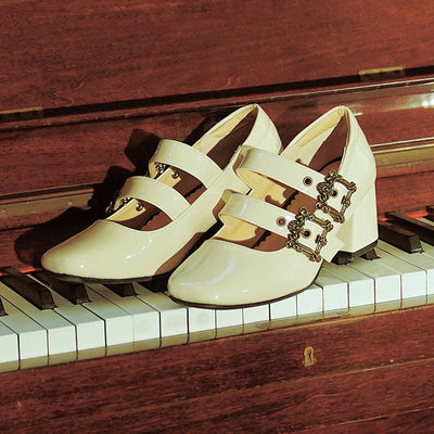 Momo~Midsummer Story~Retro Lolita Heels Shoes Mary Jane Shoes 34 Medium heel patent leather version cream white 