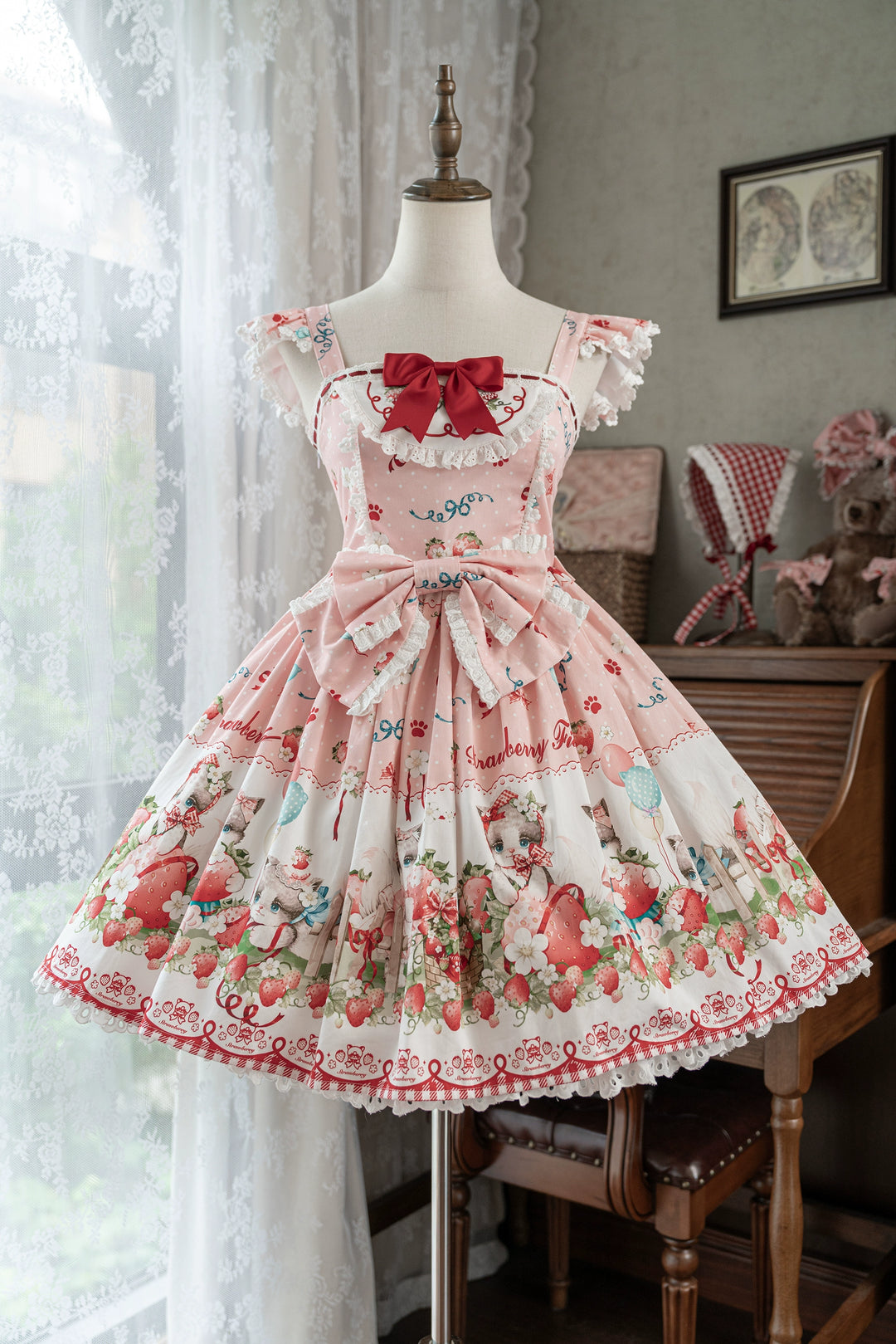 GD Lolita~Cat Strawberry Garden~Sweet Lolita Dress High Waist JSK Strawberry Print OP (L M S XL) 40626:669624