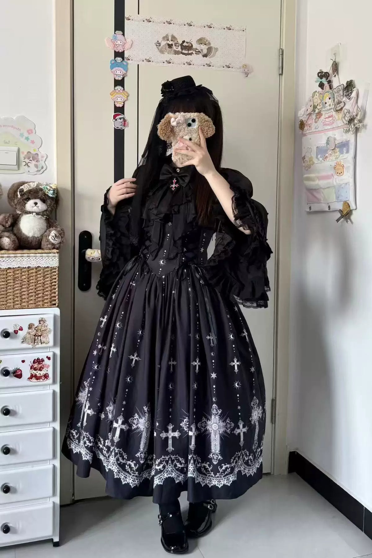 Star Remains Prayer - Elegant Gothic Lolita JSK & OP Dress Set, Cross & Moon Prints 46014:872463