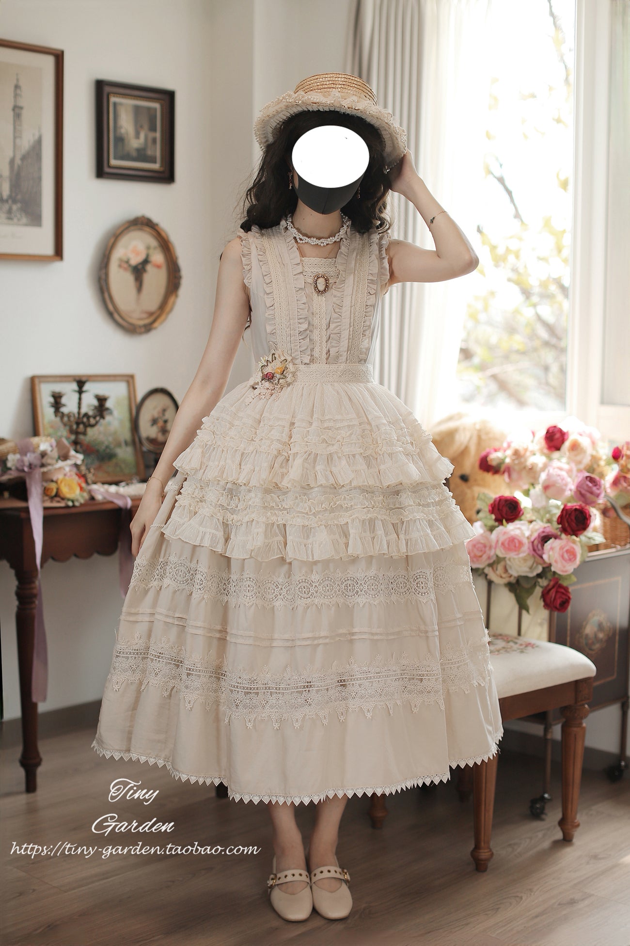 Tiny Garden - Spring Whisper - Solid Color Classic Lolita JSK Dress with Tulle Apron Apricot - JSK with Waist Tie S