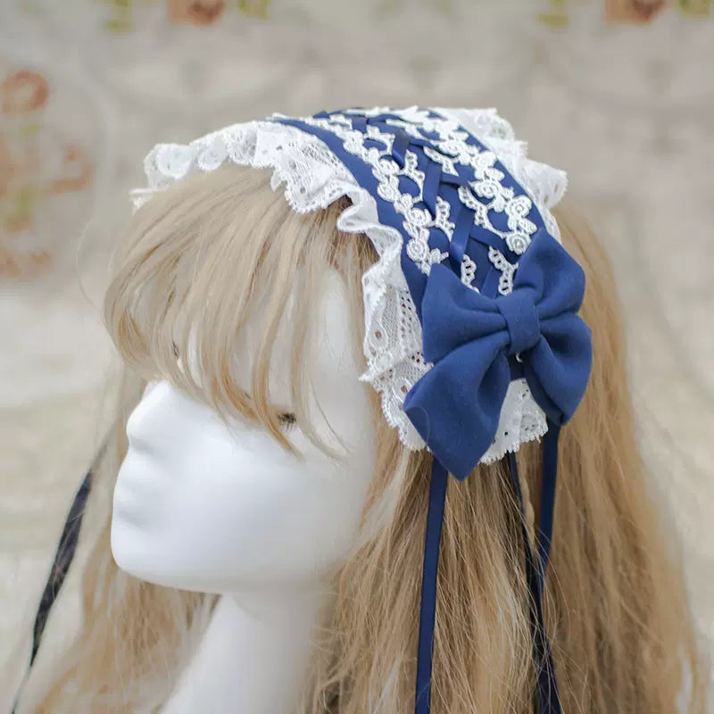 ZhiJinYuan - Sweet Lolita Lace Bow Hairband Multicolors dark blue
