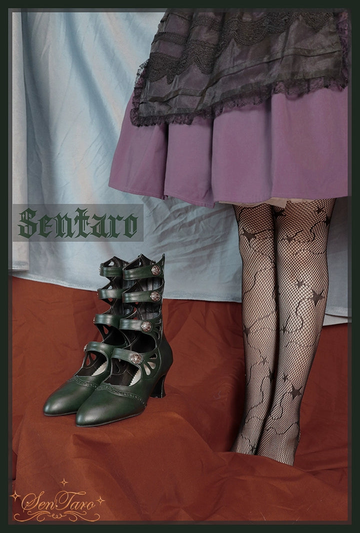 Sentaro~Floral Carved~Vintage Lolita Shoes Mary Jane Hollow-out Ankle Boots 41822:714888