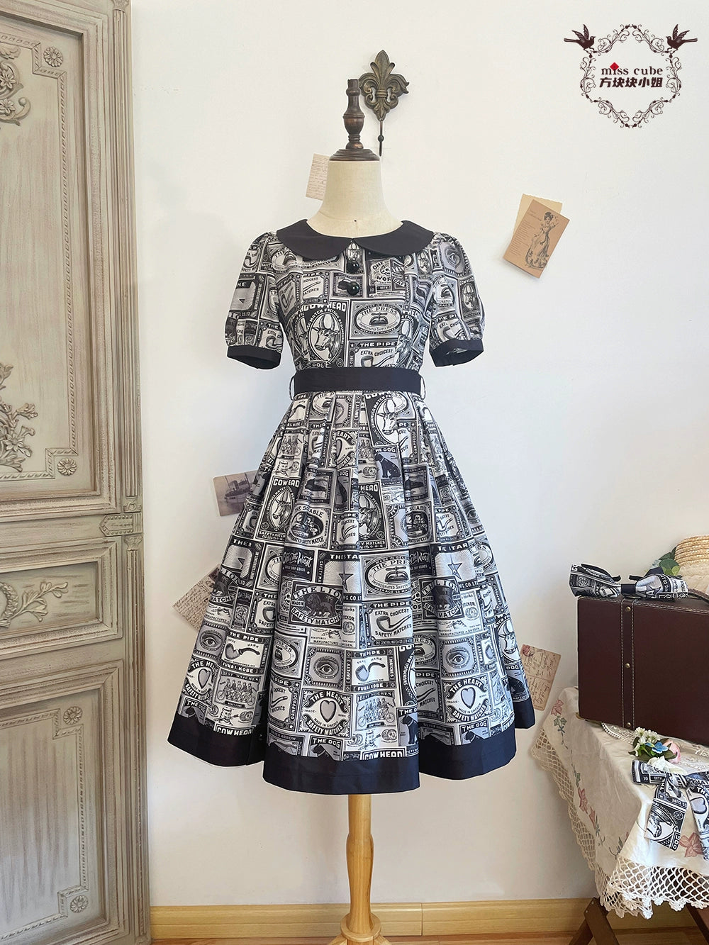 Miss Cube~Antique Label~Retro Lolita OP Dress Short Sleeve Dress XS Black and white 
