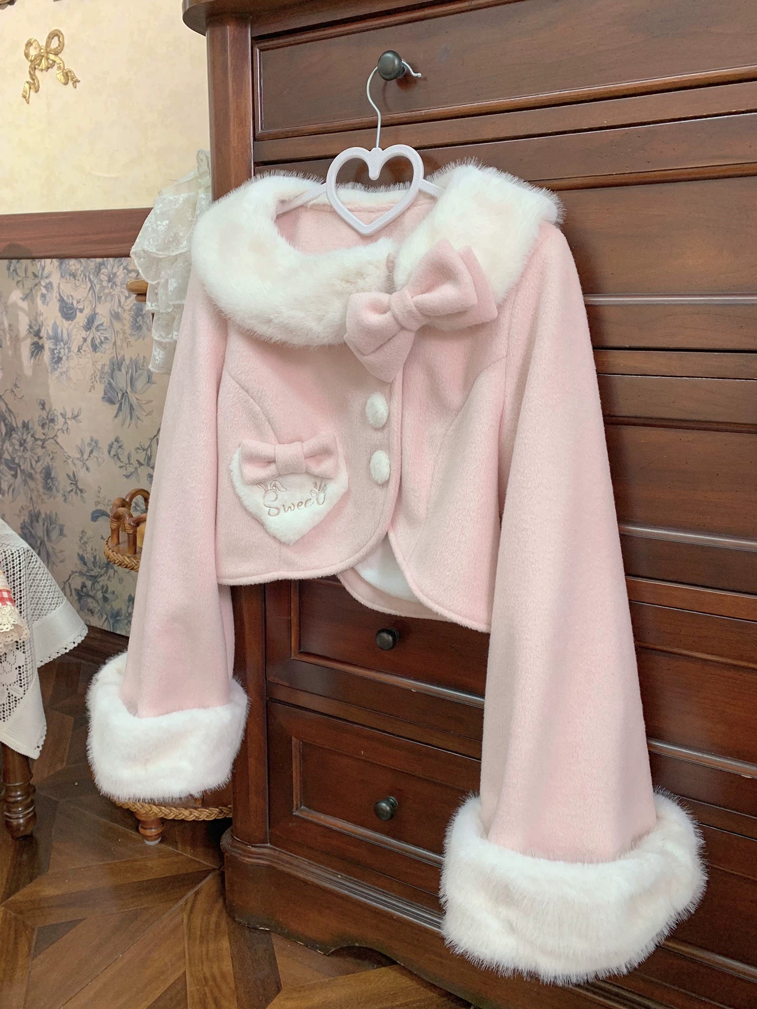Rabbit Heart Knot - Sweet Lolita Winter Short Coat, Detachable Bunny-Ear Collar 45891:866872
