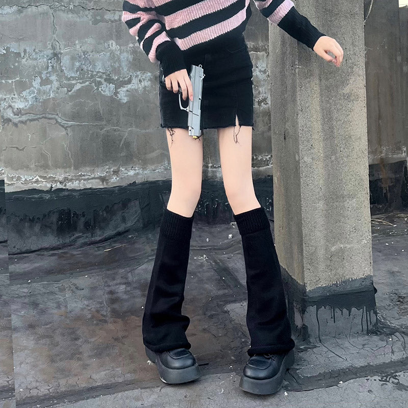 Hua Nai Cat - Winter Lolita Knit Leg Warmer Mid-Calf Socks One Size Black - 50cm roll rim-with free anti-slip transparent band