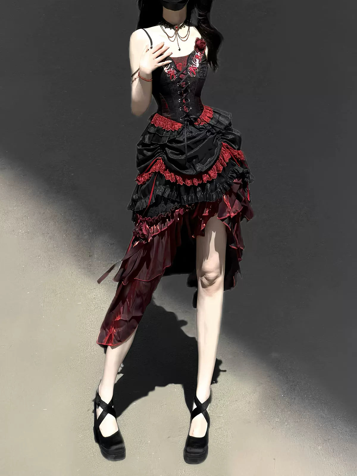 Bone Rot Bloom - Gothic Lolita Embroidered Camisole & Drawstring Lift-up Hem Skirt 45593:854853
