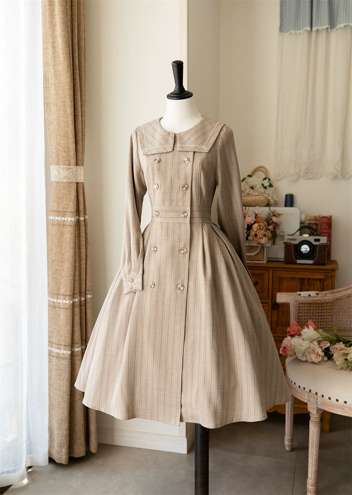 Forest Wardrobe~Classic Lolita OP Autumn Lolita Antique Dress With Stripe S Light camel 